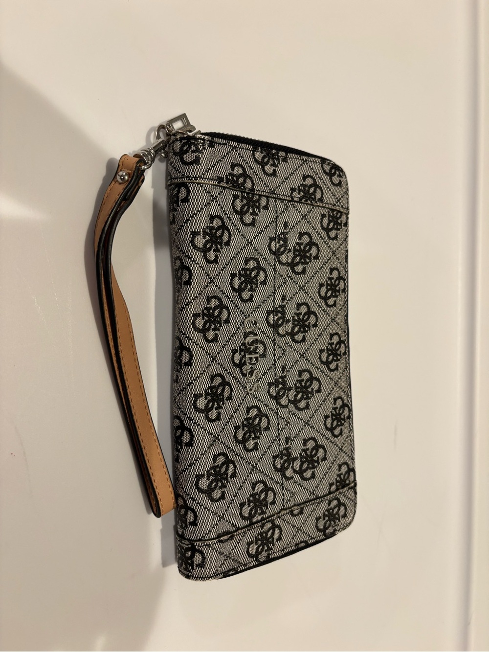 Guess Black Logo Print Wristlet with Tan Strap